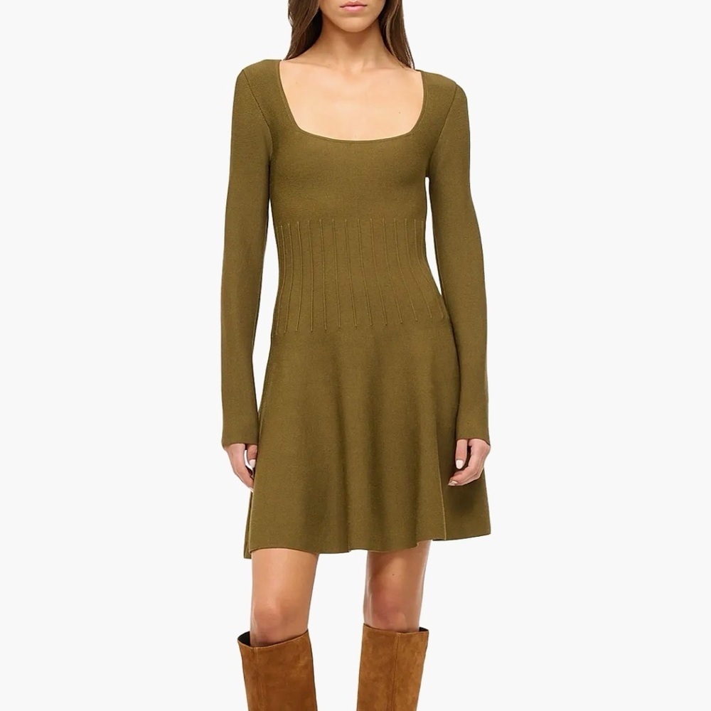 Staud NWT Size XS Sergeant Green Deora Knit Fit & Flare Long Sleeve Mini Dress